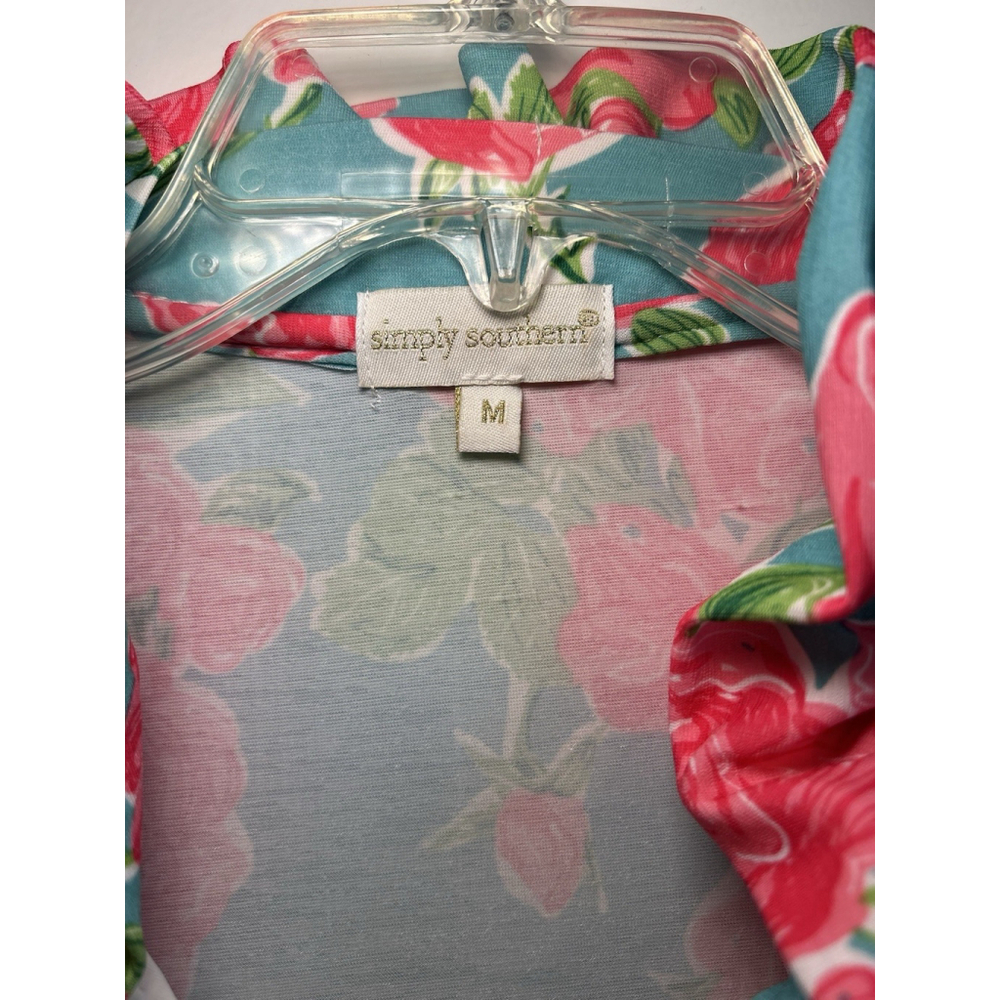 Simply Southern Floral Rose Pattern Blue Pink Ruffle Neckline Dress Size Medium - Picture 2 of 6